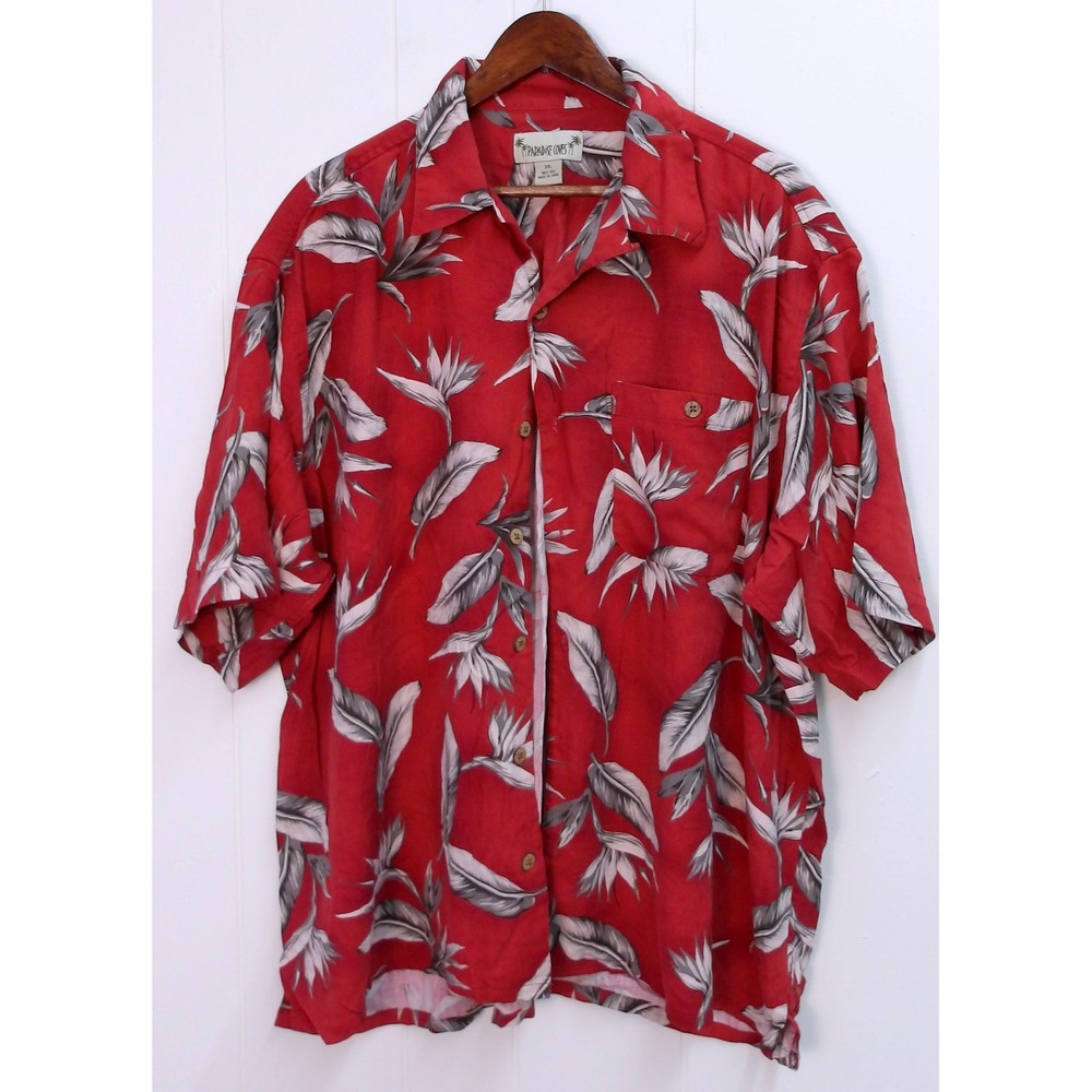 Paradise Coves XXL Red Floral 100% Silk‎ Hawaiian Shirt Vacation /#9056